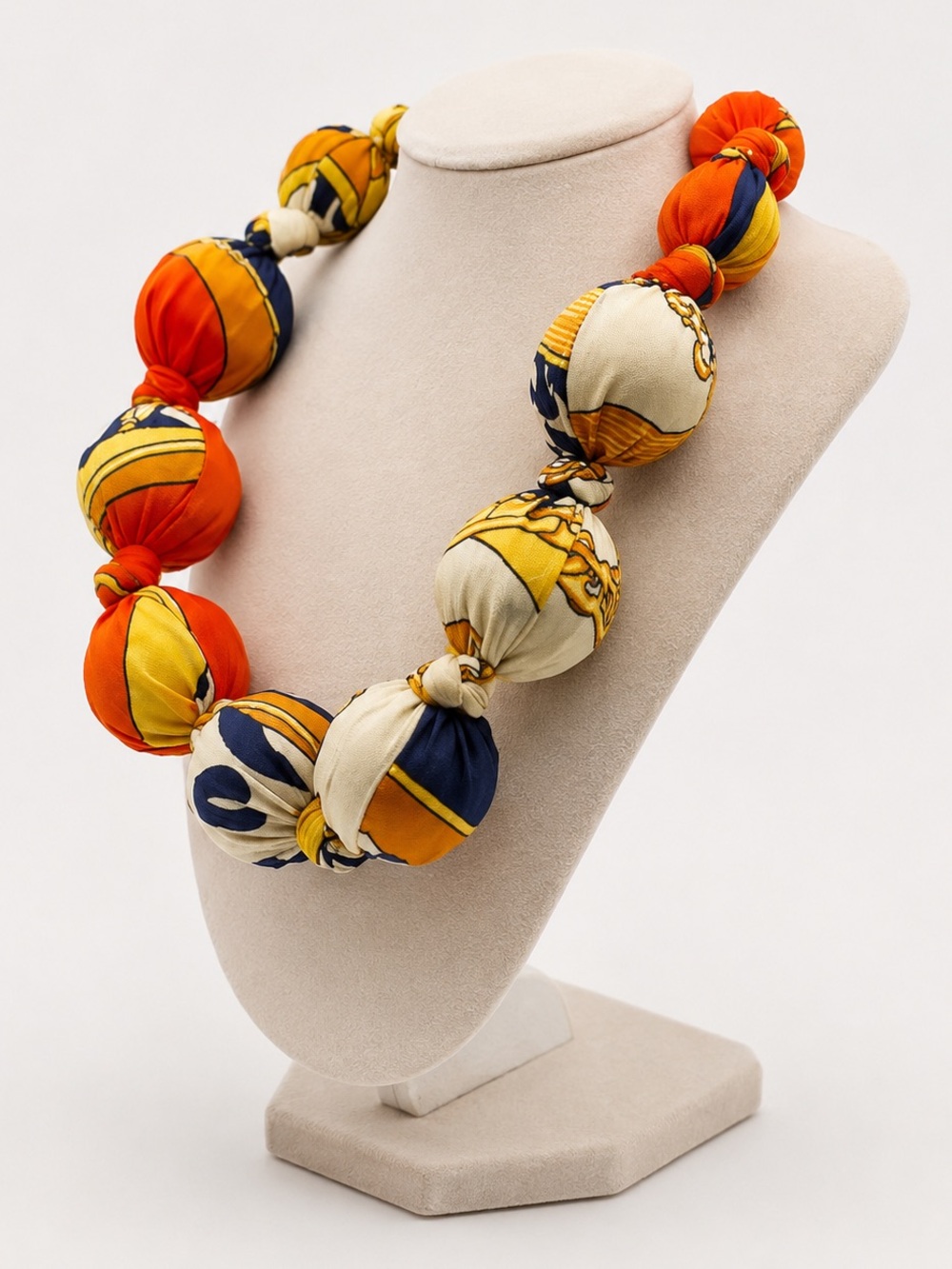 Vibrant Orange, Yellow & Navy Fabric Knot Bead Necklace